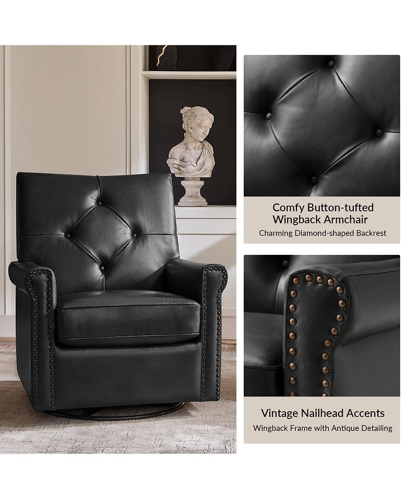 Hulala Home Stratton Transitional Genuine Leather Swivel Rocker Chair with Tufted Back