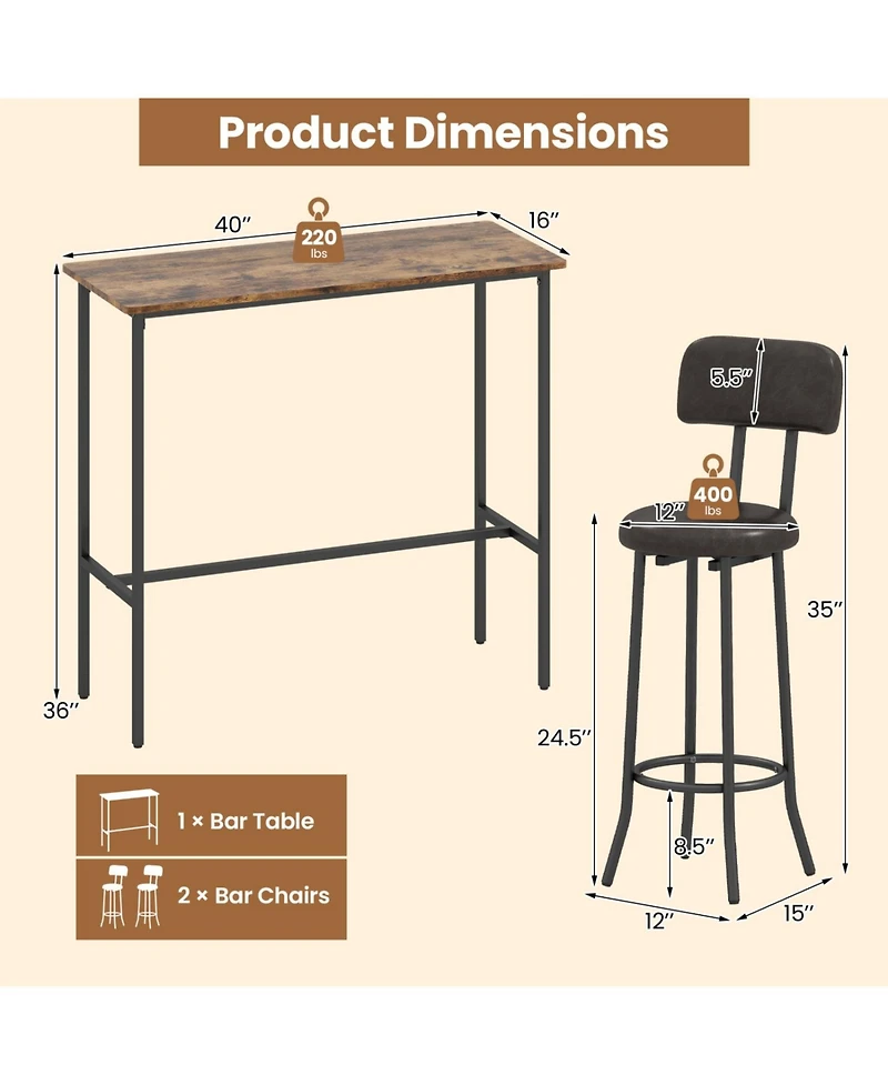 Slickblue 3 Piece Bar Table Set with 2 Stools, Upholstered Seats and Footrests