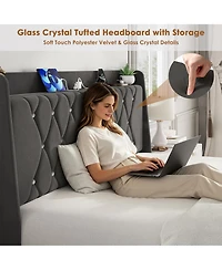 Gaomon Velvet Upholstered Platform Bed Frame with Crystal Tufted Headboard, 2 Storage Drawers, Built-in Charging Station, Noise-Free