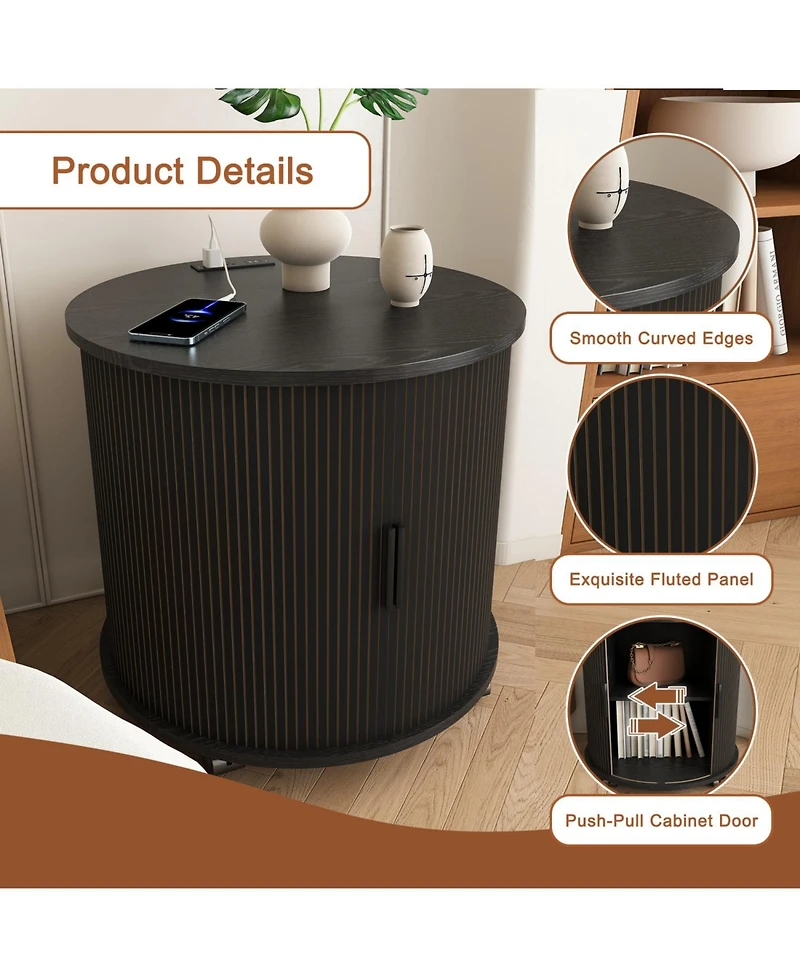 Rainsken Modern Cylinder End Table Set of 2, with Built-in Charging Station and Sliding Door, Fluted Accent Nightstand, for Living Room, Bedroom