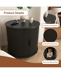 Rainsken Modern Cylinder End Table Set of 2, with Built-in Charging Station and Sliding Door, Fluted Accent Nightstand, for Living Room, Bedroom