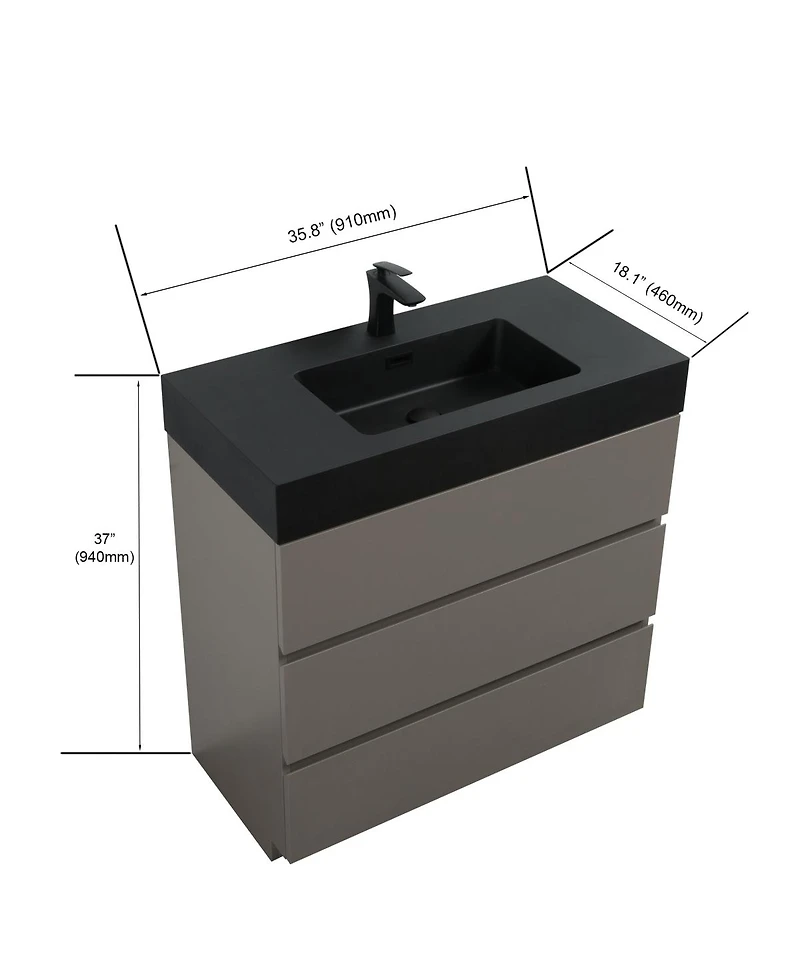Sillysis Contemporary Bathroom Vanity with Black Sink, Large Soft Close Drawers, Handle-Free Freestanding Storage, Pre-assembled