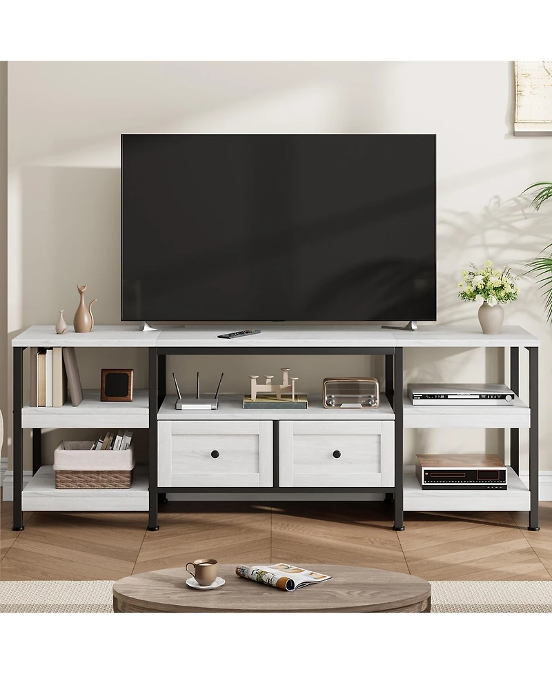 homfan Industrial Tv Stand with Metal Frame, 2 Fabric Drawers and Open Storage Shelves, Modern Living Room Entertainment Center, Fits Tv's