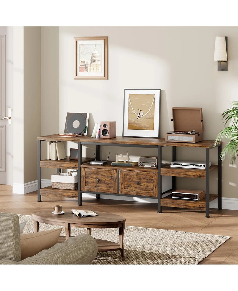 homfan Industrial Tv Stand with Metal Frame, 2 Fabric Drawers and Open Storage Shelves, Modern Living Room Entertainment Center, Fits Tv's