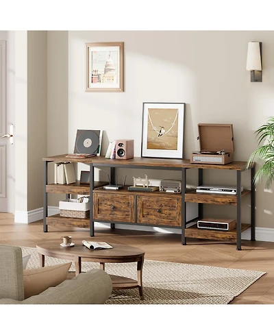 homfan Industrial Tv Stand with Metal Frame, 2 Fabric Drawers and Open Storage Shelves, Modern Living Room Entertainment Center, Fits Tv's
