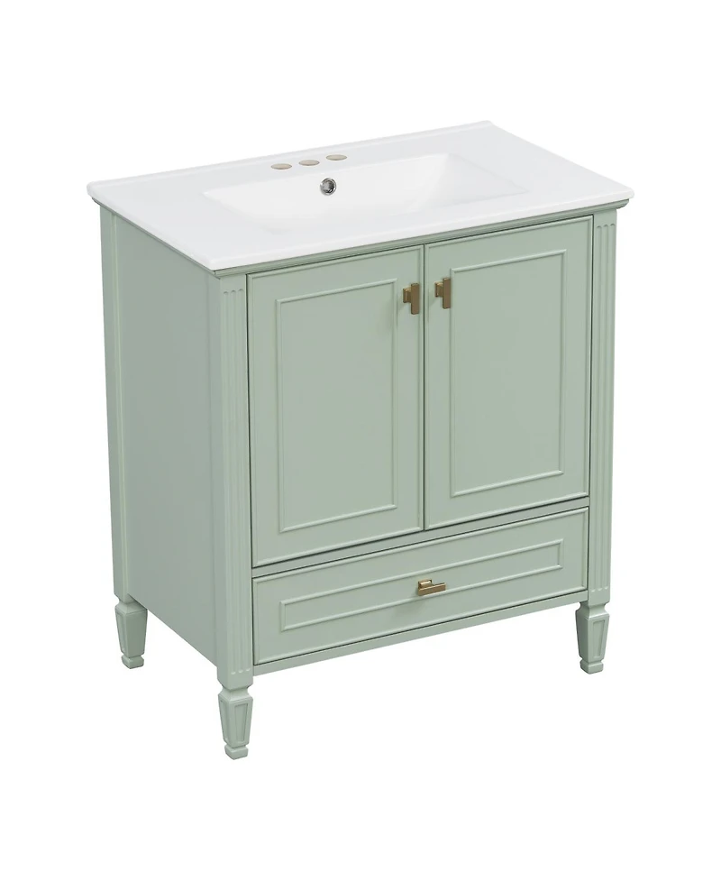 Sillysis 30 Inch Retro Bathroom Vanity with Ceramic Sink, Solid Wood Frame, Soft Close Doors and Bottom Drawer Storage
