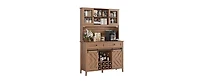 homfan 72" Farmhouse Bar Cabinet with Sliding Barn Doors, Hutch, 2 Drawers, 8 Shelves and Charging Station, Rustic Coffee for Dining Room