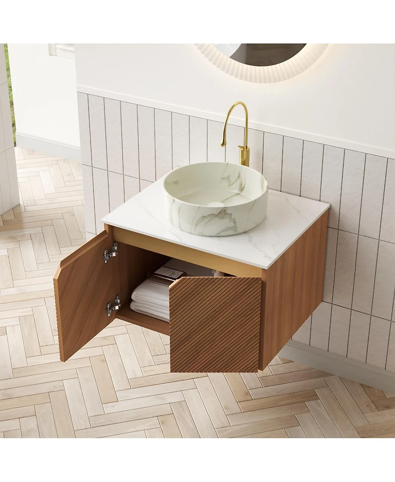 Sillysis Floating Bathroom Vanity with Ceramic Vessel Sink, Carrara Sintered Stone Top, Solid Wood Door