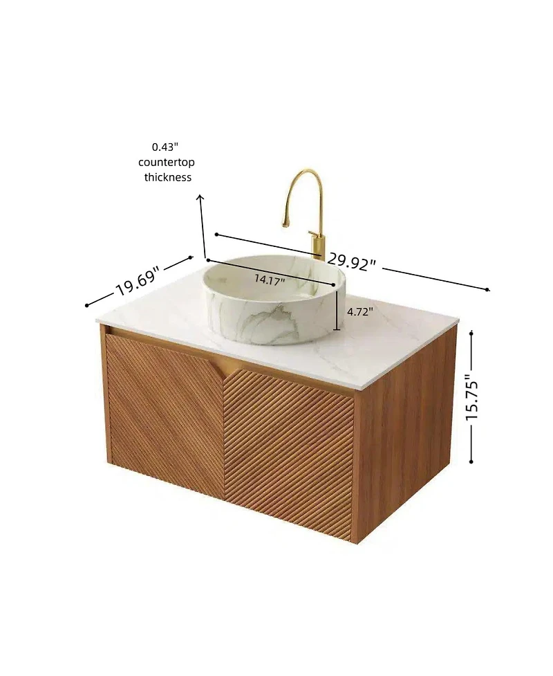 Sillysis Floating Bathroom Vanity with Ceramic Vessel Sink, Carrara Sintered Stone Top, Solid Wood Door