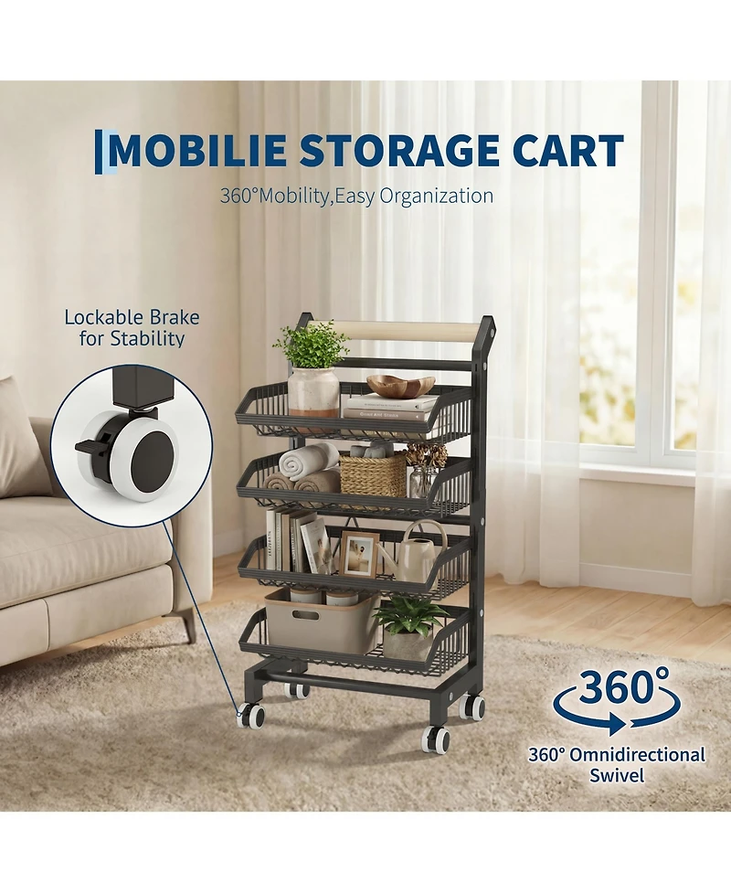 homfan 3 Tier Bar Cart, 32 Inch Foldable Carbon Steel Rolling Storage Cart with Locking Wheels for Kitchen or Pantry