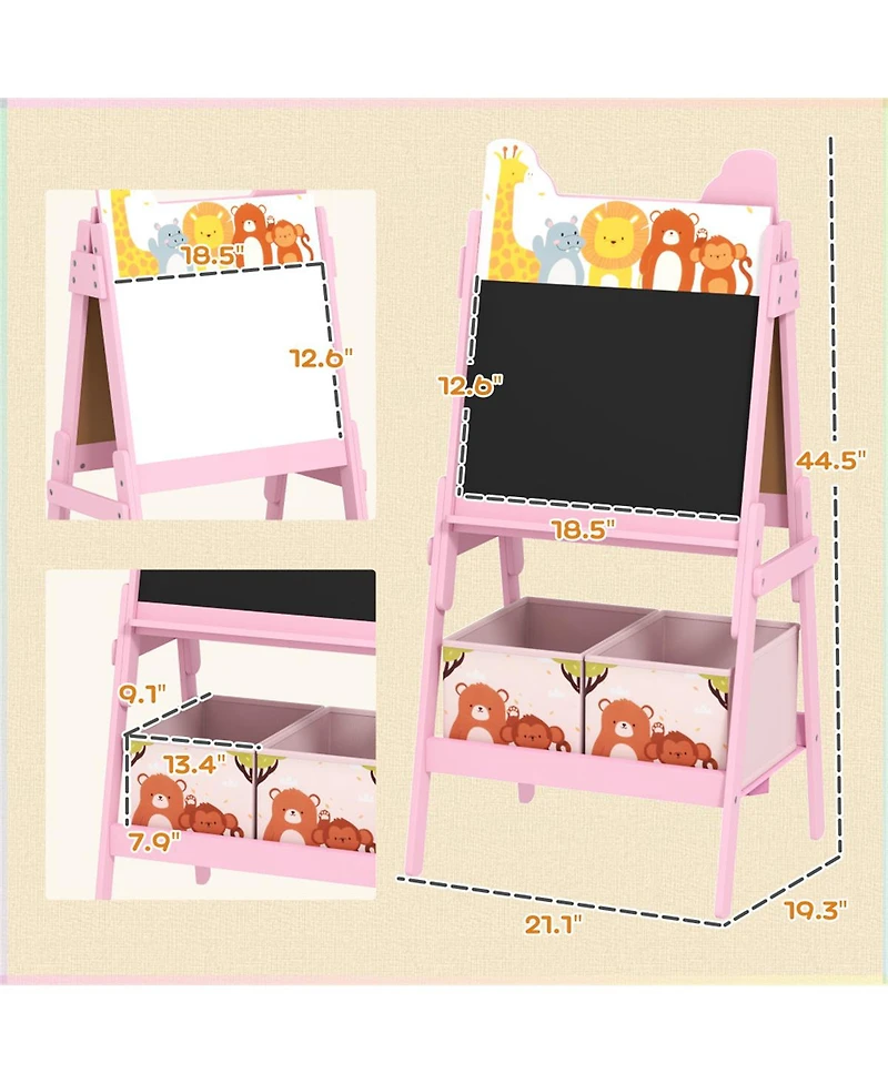 Yobtop Kids Art Easel - Double-Sided Blackboard and Whiteboard, Mdf Frame with Storage Boxes, Cute Pattern Design for Ages 3-8 Years