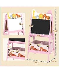 Yobtop Kids Art Easel - Double-Sided Blackboard and Whiteboard, Mdf Frame with Storage Boxes, Cute Pattern Design for Ages 3-8 Years