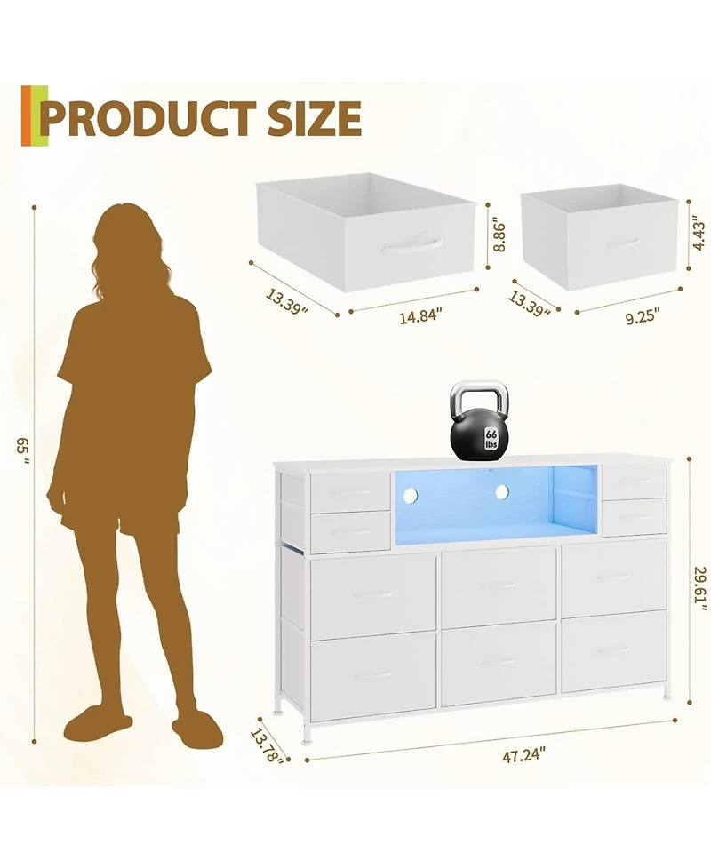 gaomon Dresser for Bedroom with 10 Fabric Drawers, Tv Stand with Led Light and Charging Station for 45, 50, 55 Inch Tv