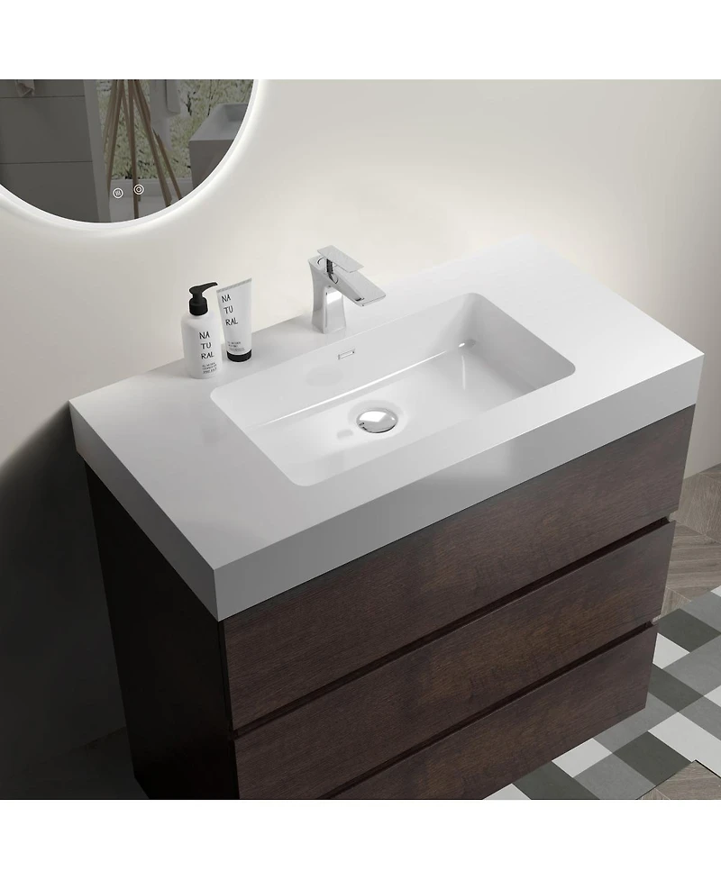 Sillysis Modern Bathroom Vanity with Stone Sink, Pre-assembled Soft Close 3 Drawers