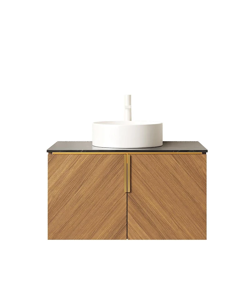 Sillysis Floating Bathroom Vanity Cabinet with Ceramic Vessel Sink, Sintered Stone Countertop, Large Storage