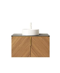 Sillysis Floating Bathroom Vanity Cabinet with Ceramic Vessel Sink, Sintered Stone Countertop, Large Storage