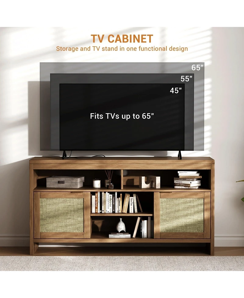 homfan 2 Pieces Boho Tv Stand for 65 in, 58inch Rattan Entertainment Center with Storage, Adjustable Shelves and Doors for Living Room