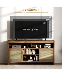 homfan 2 Pieces Boho Tv Stand for 65 in, 58inch Rattan Entertainment Center with Storage, Adjustable Shelves and Doors for Living Room