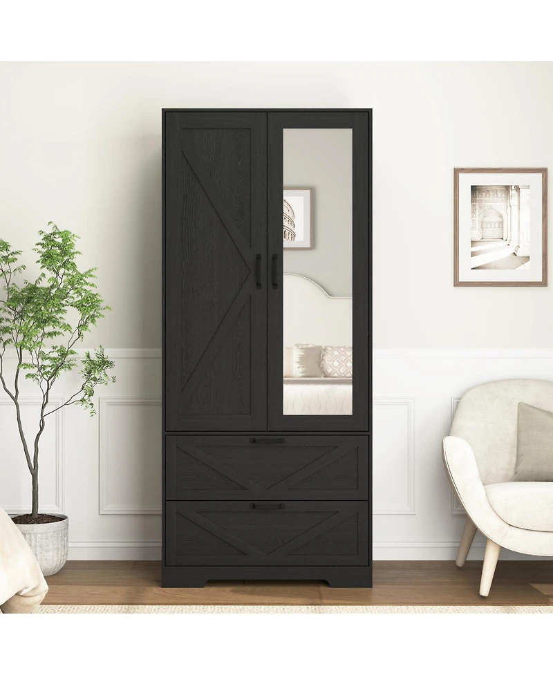 Streamdale Furniture 2-Door Wood Wardrobe with Hanging Rod 2 Drawers Mirror and Induction Light