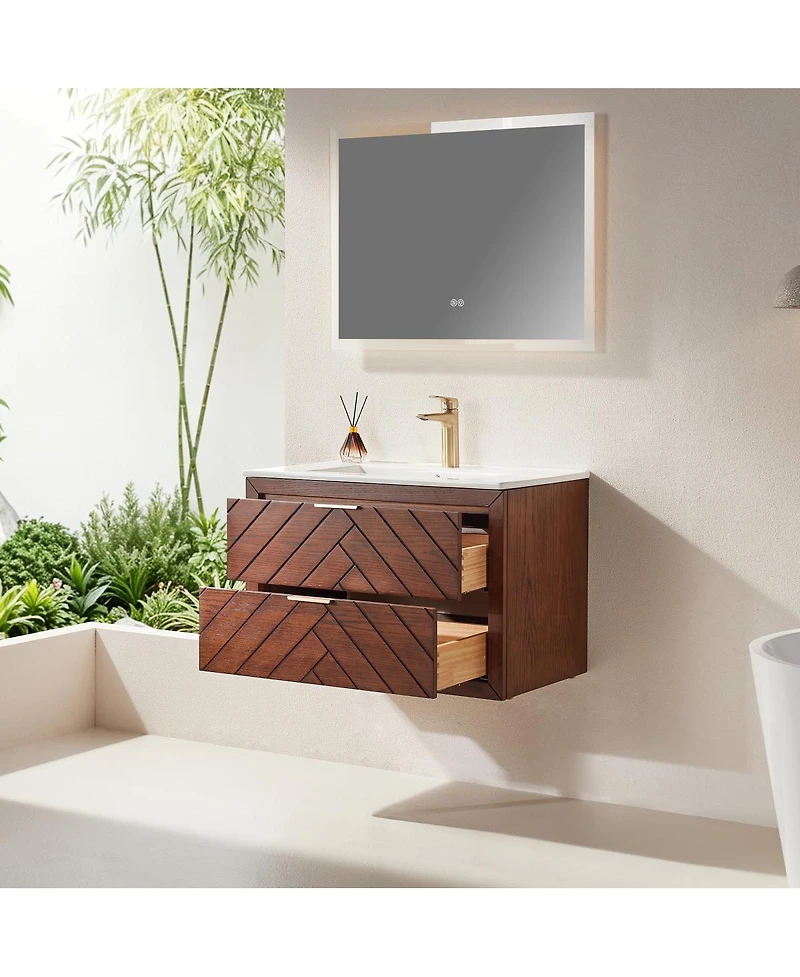 Sillysis Floating Bathroom Vanity with Ceramic Sink, Wall Mounted Modern Cabinet, Deep Drawers for Storage, Fully Assembled