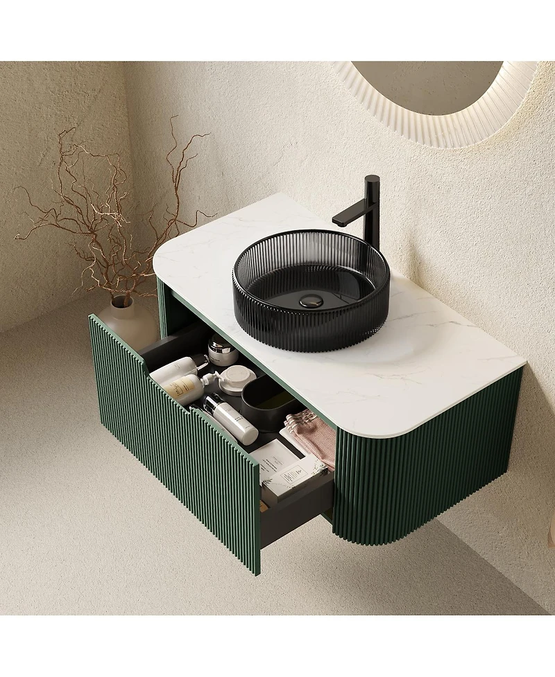 Sillysis Wall-Mounted Bathroom Vanity with Crystal Glass Sink, Sintered Stone Top, Soft Close Drawer