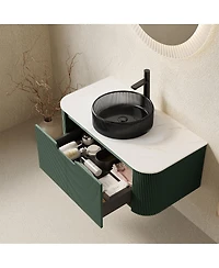 Sillysis Wall-Mounted Bathroom Vanity with Crystal Glass Sink, Sintered Stone Top, Soft Close Drawer