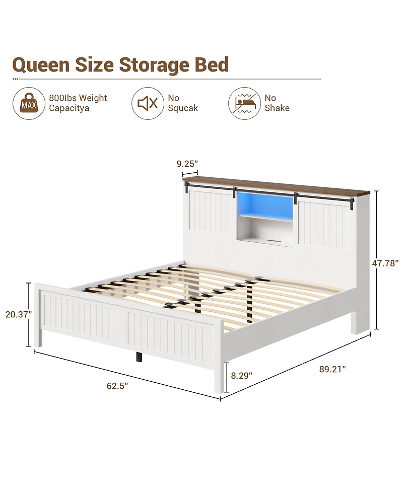 homfan Queen Farmhouse Bed Frame with Bookcase Headboard, Led Lighting, Sliding Barn Doors, Storage and Charging Station, No Box Spring Needed