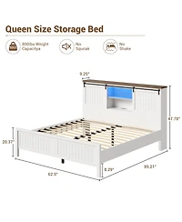 homfan Queen Farmhouse Bed Frame with Bookcase Headboard, Led Lighting, Sliding Barn Doors, Storage and Charging Station, No Box Spring Needed