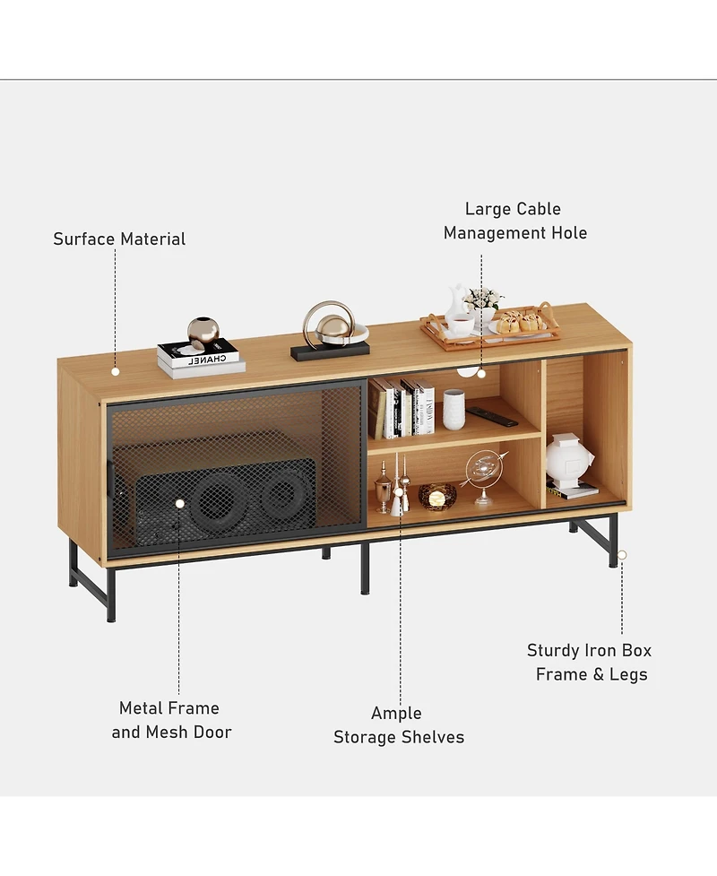 homfan Modern Industrial Tv Stand for 65 Inch Tv, 63inch Unit with Sliding Metal Mesh Doors, Ample Storage, Cable Management, Metal Legs