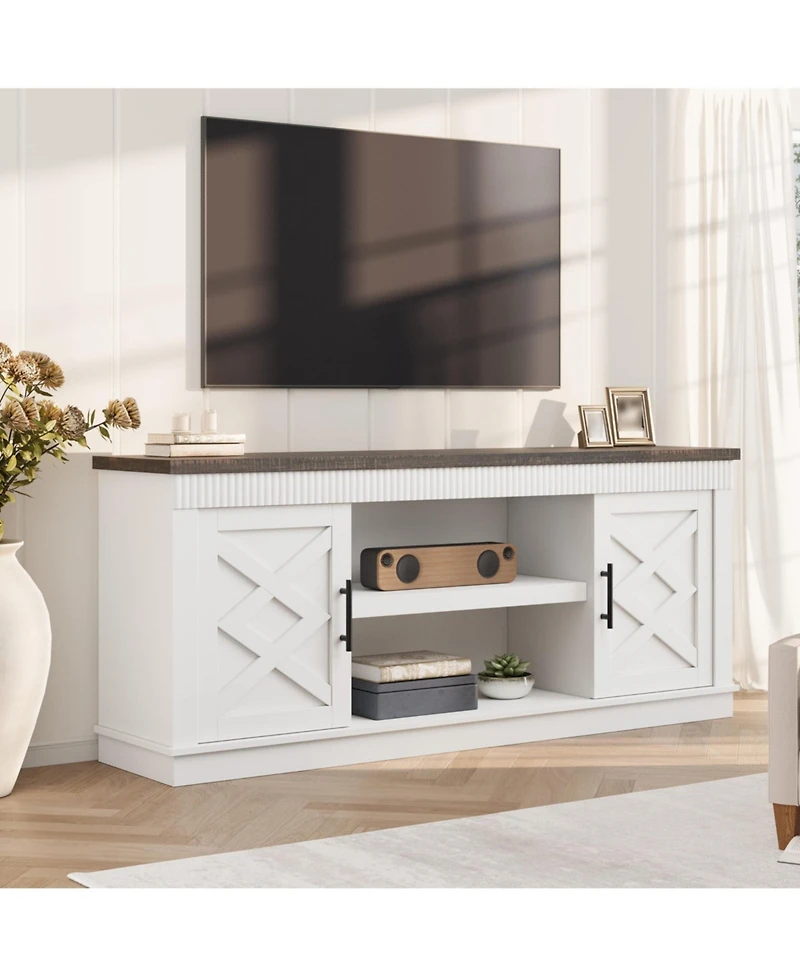 homfan Farmhouse Tv Stand, 65inch Console Table for 65-70 Inch TVs, Fluted Design, 2 Doors and Open Shelves, Versatile Media Table for Living Room