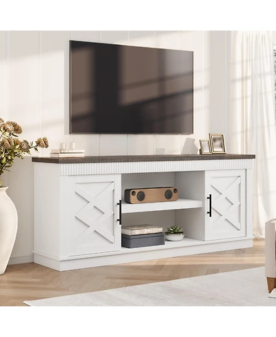 homfan Farmhouse Tv Stand, 65inch Console Table for 65-70 Inch TVs, Fluted Design, 2 Doors and Open Shelves, Versatile Media Table for Living Room