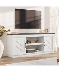 homfan Farmhouse Tv Stand, 65inch Console Table for 65-70 Inch TVs, Fluted Design, 2 Doors and Open Shelves, Versatile Media Table for Living Room