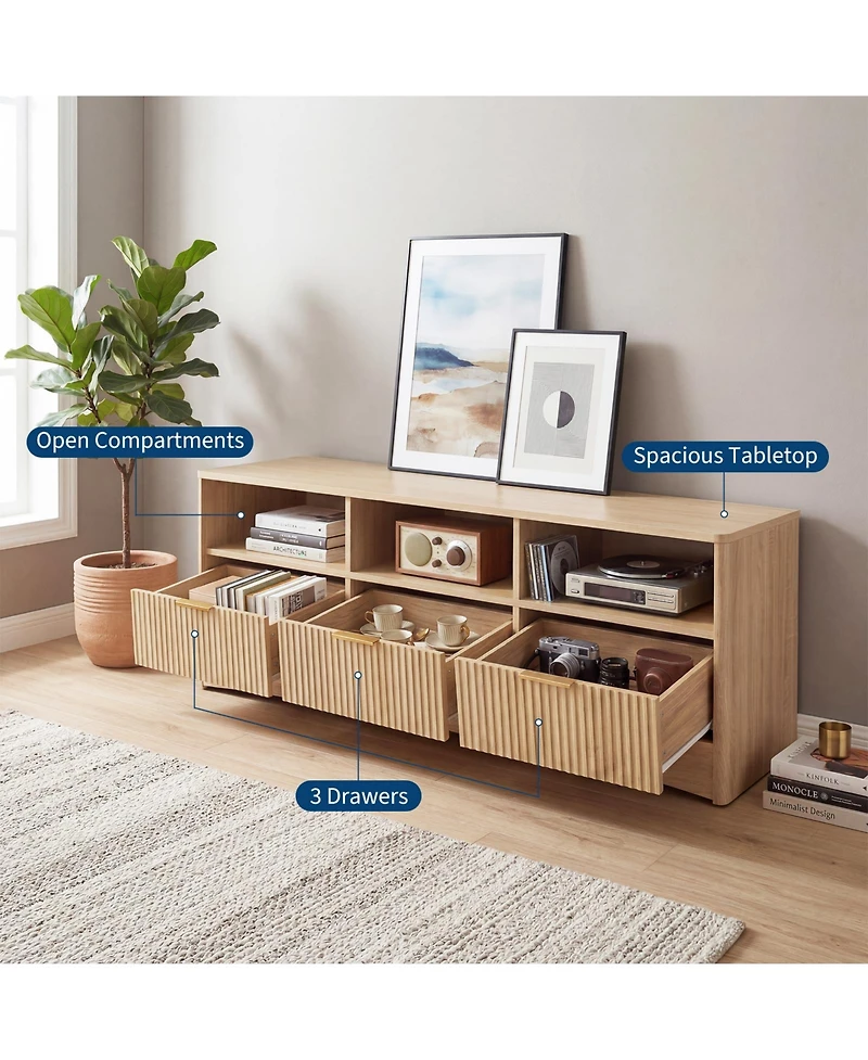 homfan 59inch Wide Tv Stand for TVs Up to 65inch , Modern Fluted Entertainment Center with 3 Storage Drawers, Open Shelves, Wood Console