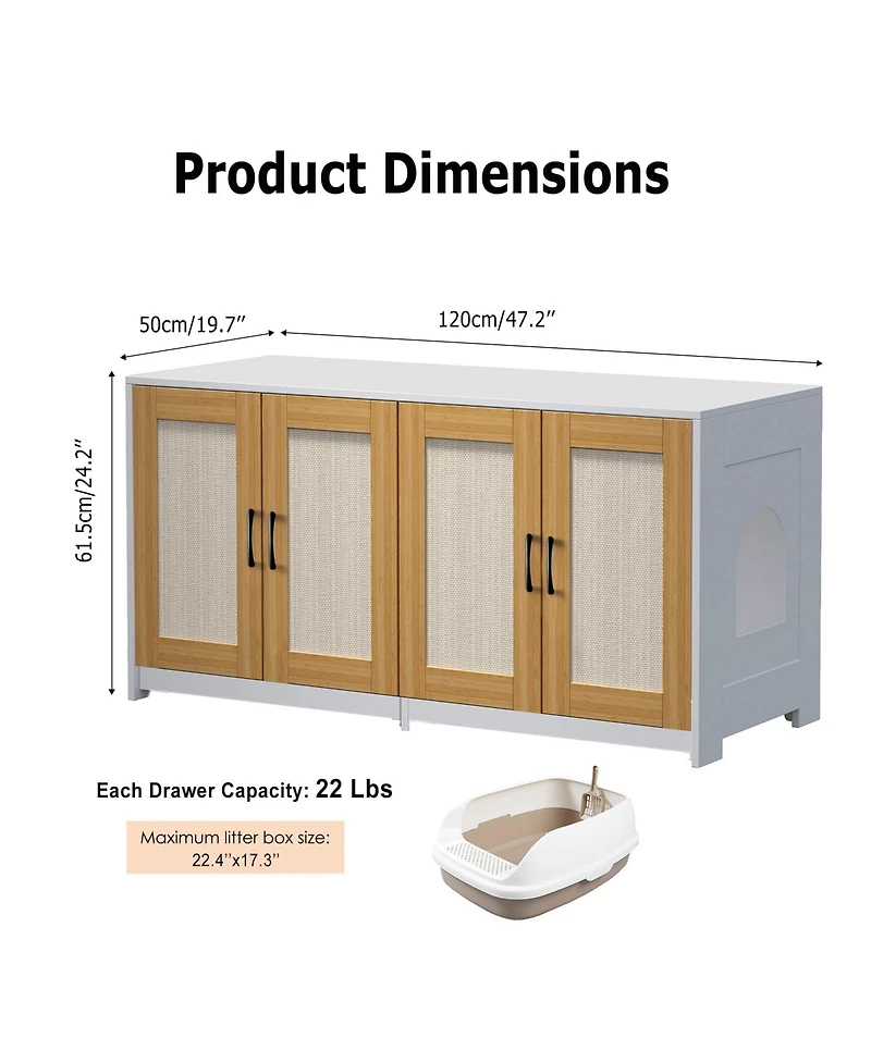 homfan Large Cat Litter Box Enclosure for 2 Cats, Hidden Double Room Cat Furniture Cabinet, Wooden Pet House with Sliding Trays, Ventilated Tv Stand