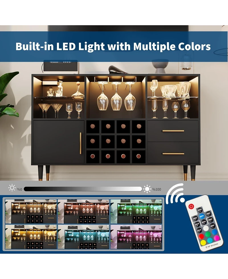 homfan 47" Coffee Bar Cabinet Charging Station and Rgb Led Light, Wood Liquor Storage for Dining Room or Living Room