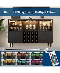 homfan 47" Coffee Bar Cabinet Charging Station and Rgb Led Light, Wood Liquor Storage for Dining Room or Living Room