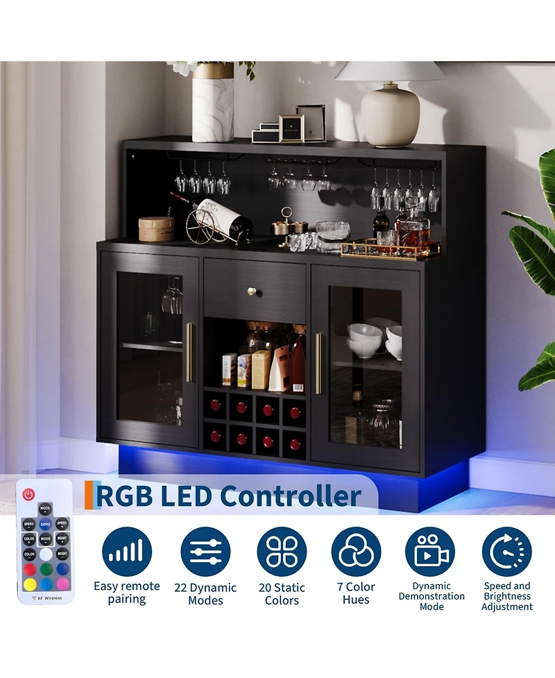 homfan Bar Cabinet with Led Lights, Glass Holder and Power Outlet, Coffee Bar with Drawer Storage for Home and Kitchen