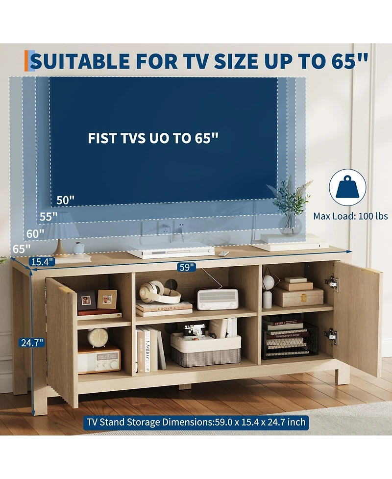 homfan Mid Century Modern Tv Stand, 59 Inch Entertainment Center with 2 Cabinets, Adjustable Shelves and Cable Management