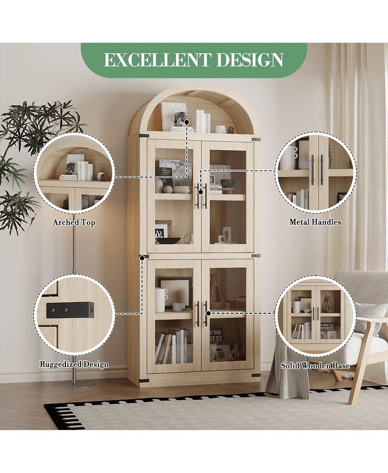 homfan Arched Glass Door Bookshelf, Freestanding Engineered Wood 4-Door Display Cabinet with Anti-Tip Design Home Storage