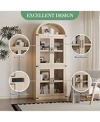homfan Arched Glass Door Bookshelf, Freestanding Engineered Wood 4-Door Display Cabinet with Anti-Tip Design Home Storage