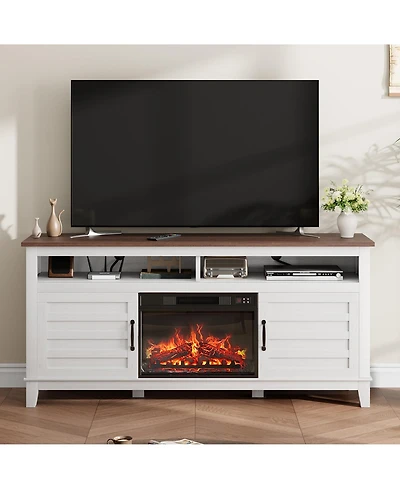 homfan Farmhouse Fireplace Tv Stand, 63" Electric Entertainment Center with Cabinet Doors, Ample Storage, Ideal for Living Room