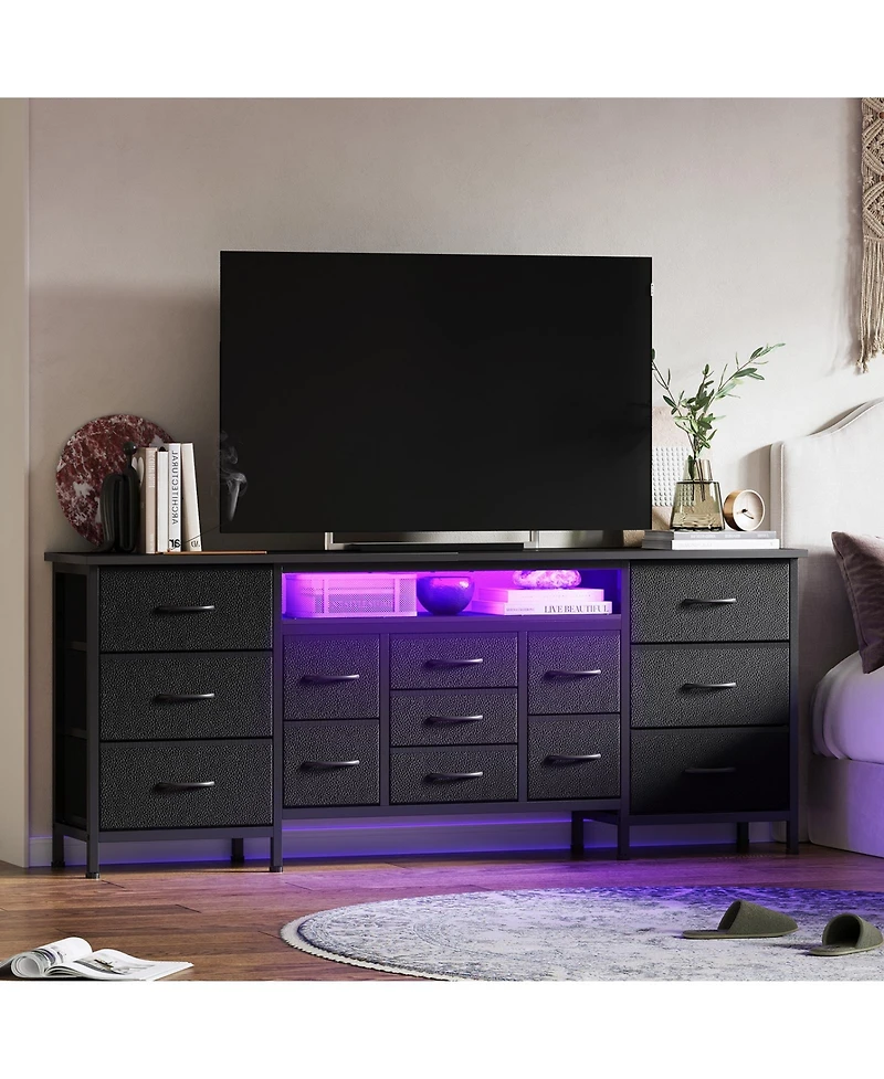 homfan 13 Drawer Tv Stand Dresser with Rgb Led Lights and Charging Station, Long Fabric for 80 Inch Tv, Large Storage Anti-Tipping Design