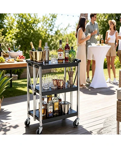 homfan 3 Tier Bar Cart, 26Inch Collapsible Rolling Service Cart with Locking Wheels for Kitchen or Pantry