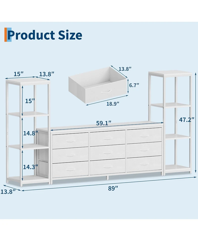 homfan Industrial Tv Stand Dresser, 9 Fabric Drawers and 2 Four-Tier Storage Shelves, Fits TVs Up to 75 Inches, Large Media Console for Living Room