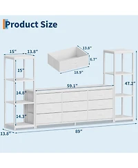 homfan Industrial Tv Stand Dresser, 9 Fabric Drawers and 2 Four-Tier Storage Shelves, Fits TVs Up to 75 Inches, Large Media Console for Living Room
