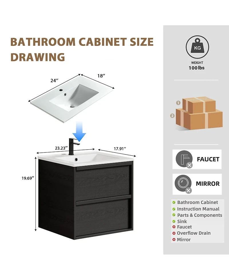 Sillysis Wall Mounted Bathroom Vanity with Ceramic Sink, Soft Close Drawers, Floating Black Cabinet