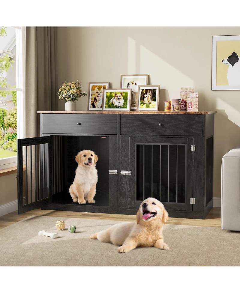 homfan Dog Crate Tv Stand, Heavy Duty Pet Kennel Furniture with 2 Drawers, Indoor Cage End Table for Small to Medium Dogs