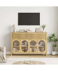homfan 55 Inch Fluted Sideboard Buffet with 2 Drawers and 4 Glass Doors, Multi-Purpose Coffee Bar Storage Cabinet for Dining, Living Room and Kitchen