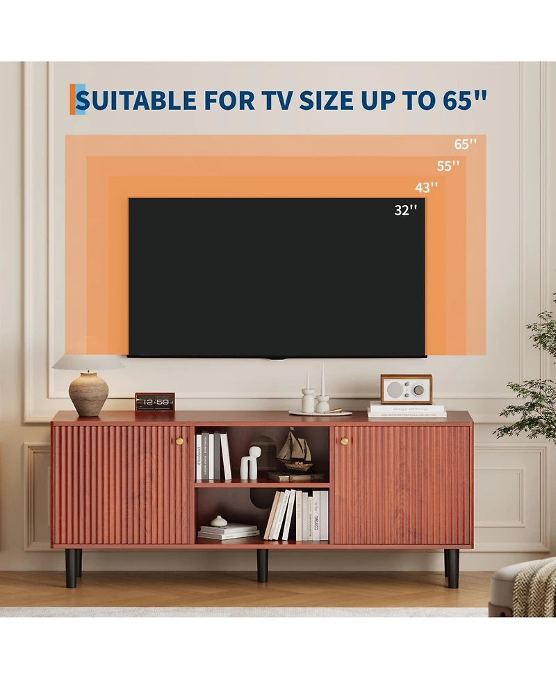 homfan Fluted Tv Stand for TVs up to 65in, Mid Century Modern Wooden Entertainment Center, Adjustable Shelf and 2 Storage Doors