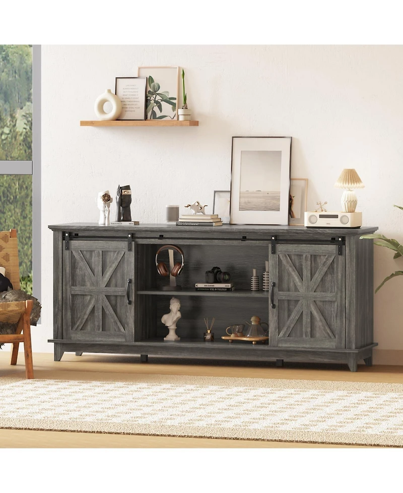 homfan Modern Farmhouse Tv Stand for 75 Inch Tv, 66 Entertainment Center, Sliding Barn Doors, Storage Cabinets and Media Console Table
